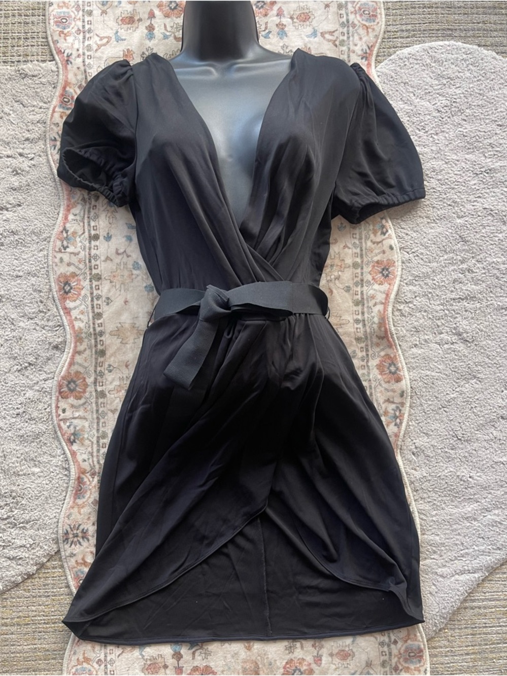 D&G Black Wrap Mini Dress with Puff Sleeves and Tie Belt